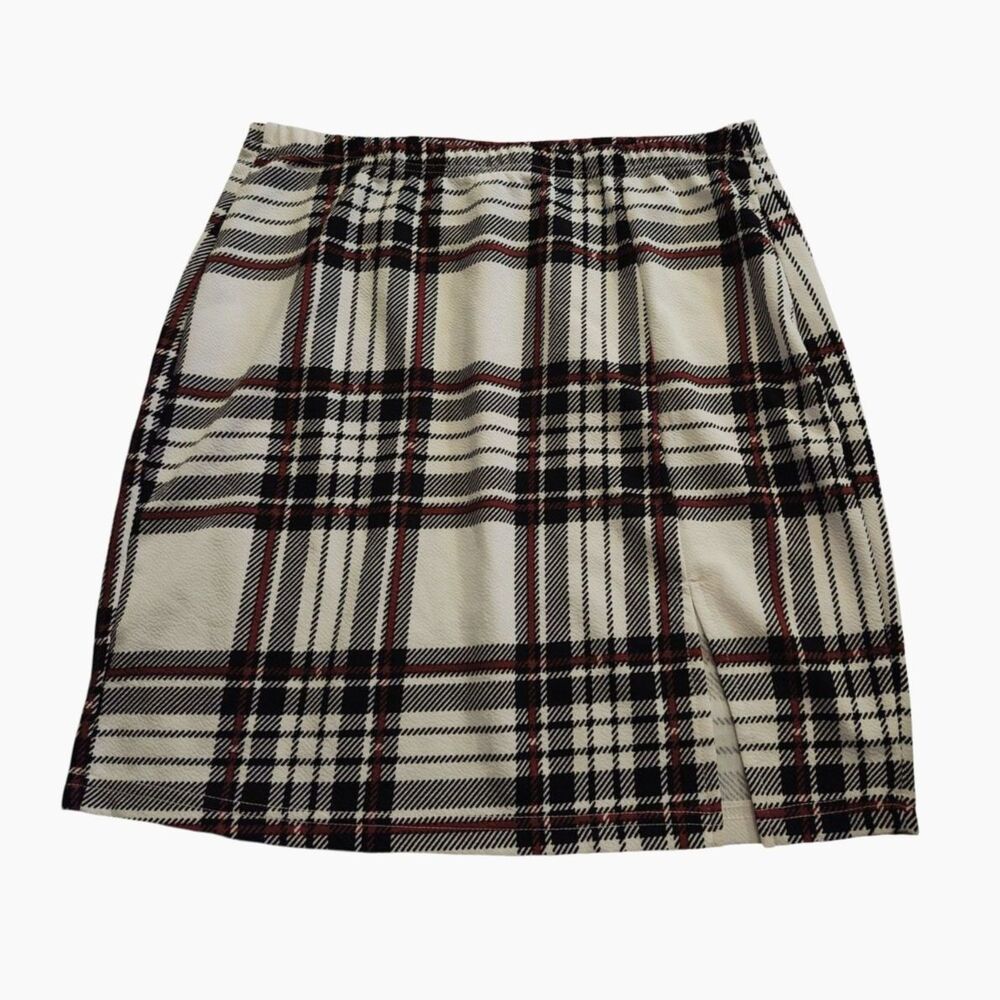 SHEIN Curve Plaid Split Hem Mini Skirt 0X Tartan Cream Red Dark Academia Grunge